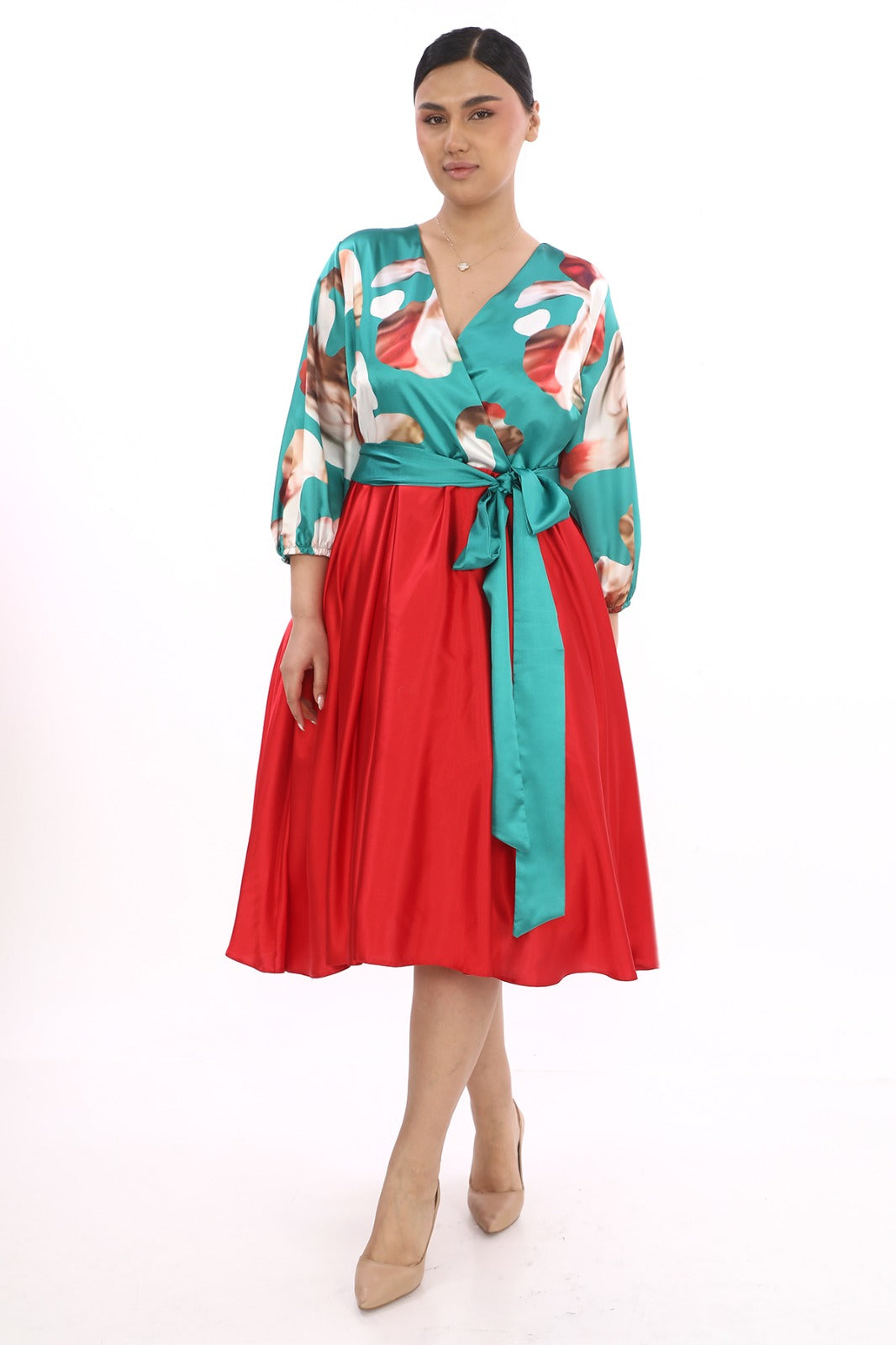 Plus Size Green & Red Evening Dress for Women